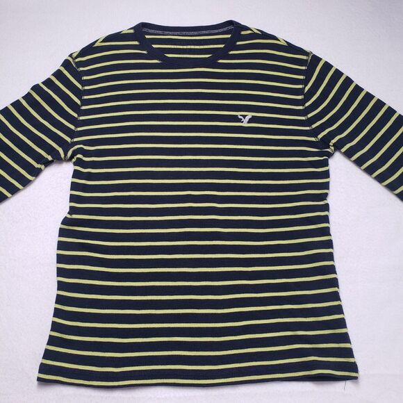 American Eagle Shirt Mens Large Blue Striped Waffle Thermal Long Sleeve Grunge - Picture 12 of 16